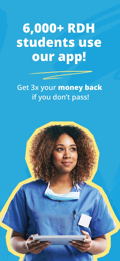 A dental student in blue scrubs holding a tablet featuring a 3x money back guarantee for NBDHE exam prep