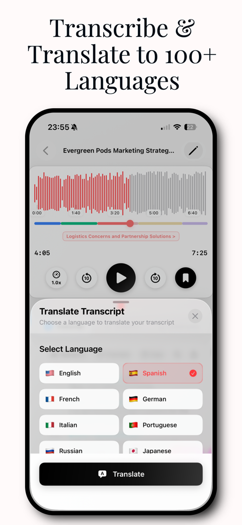 Transcription AI : Voice Notes - Interface for translating voice transcripts into different languages in the Transcription AI app