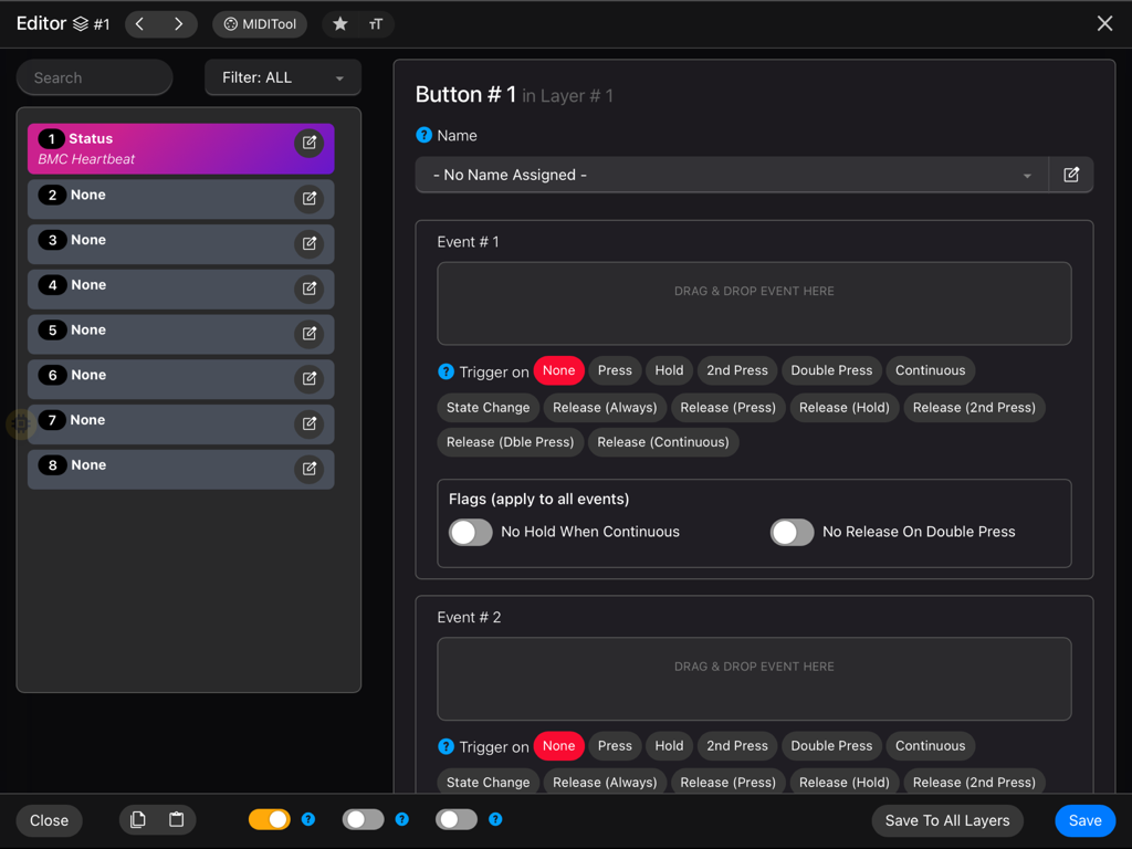 BMC Editor - BMC Editor interface on iPad showing button configuration and event trigger settings for a custom MIDI controller