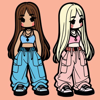 girl in baggy pants crop top and long hair