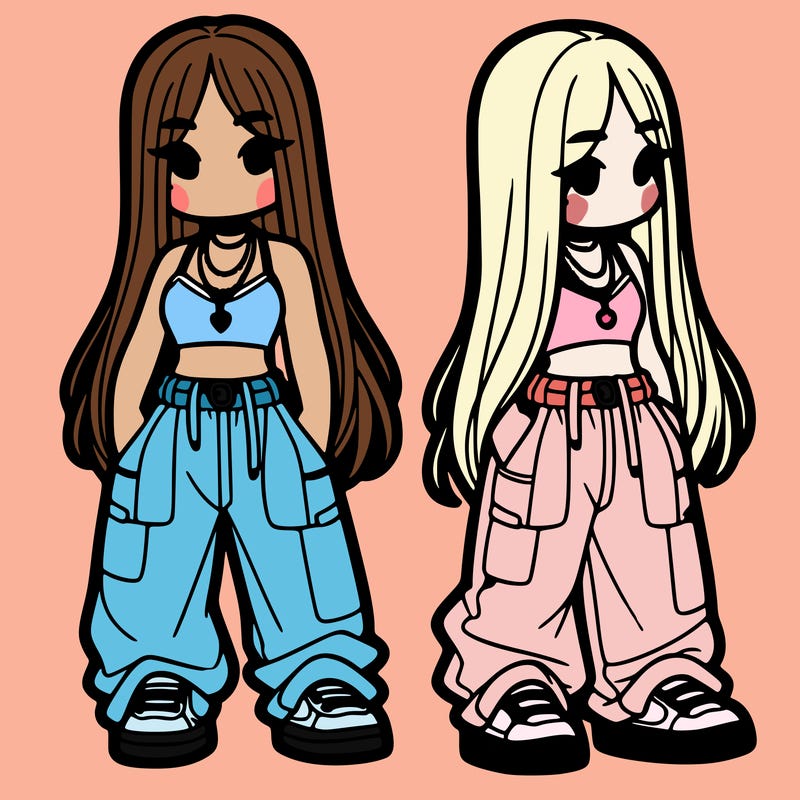 girl in baggy pants crop top and long hair