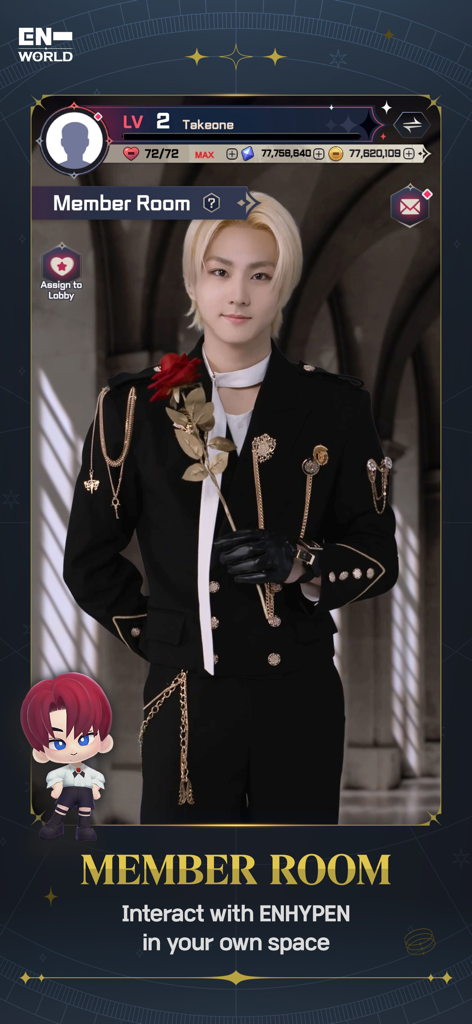 ENHYPEN WORLD : ETERNAL MOMENT - A screenshot of the Member Room feature in ENHYPEN WORLD showing a member holding a rose and a VAMKIDZ character
