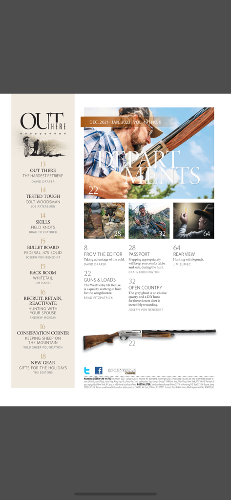 The departments and table of contents page of Petersen's Hunting Magazine showcasing various hunting articles and gear reviews.