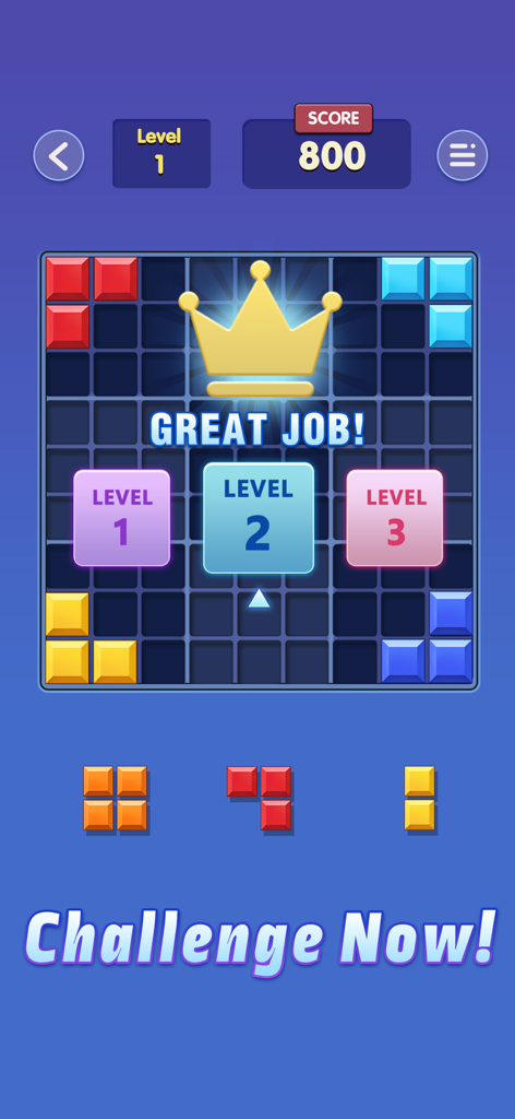 Pantalla de fin de nivel del juego Block Master con un mensaje de nivel completado y un menú de selección de nivel con bloques de juguete.