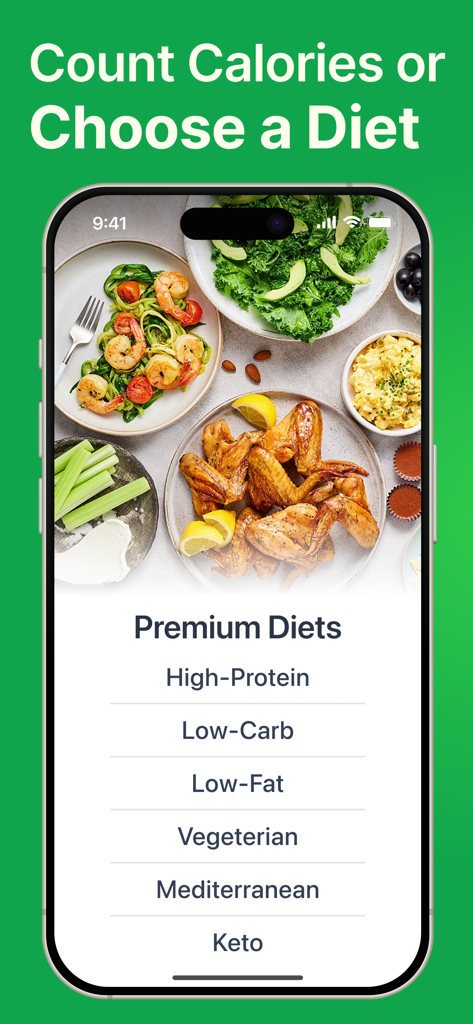 PlateAI - MyNetDiary AI Coach - PlateAI app interface showing premium diet options like High-Protein, Keto, and Mediterranean with healthy food images.