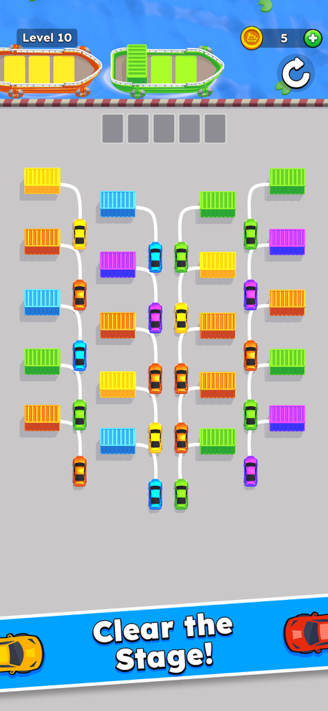 Gameplay screenshot of Drive Quest showing colorful cars and matching containers for a sorting puzzle