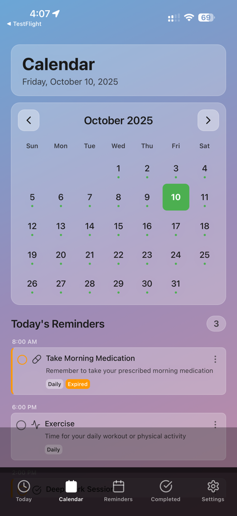 Monthly calendar and daily task reminders view in the Smart Reminder productivity app