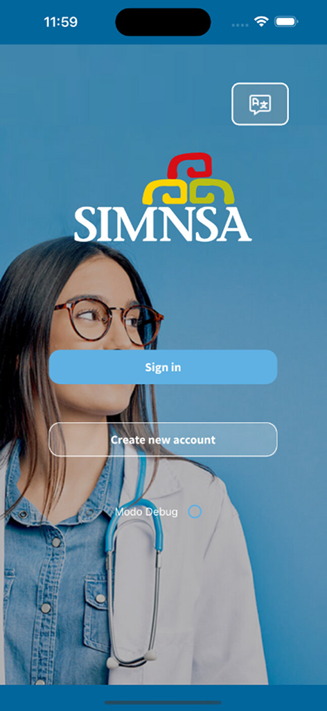 Login screen of the SIMNSA health plan app showing sign in and create account buttons with a female doctor in the background