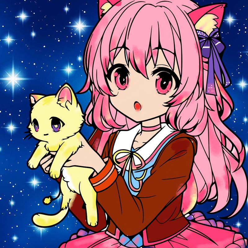 an anime girl holding a kitten