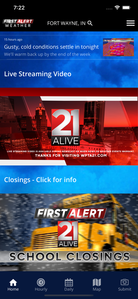 21Alive First Alert Weather - Home screen of the 21Alive First Alert Weather app featuring local news and school closing alerts for Fort Wayne