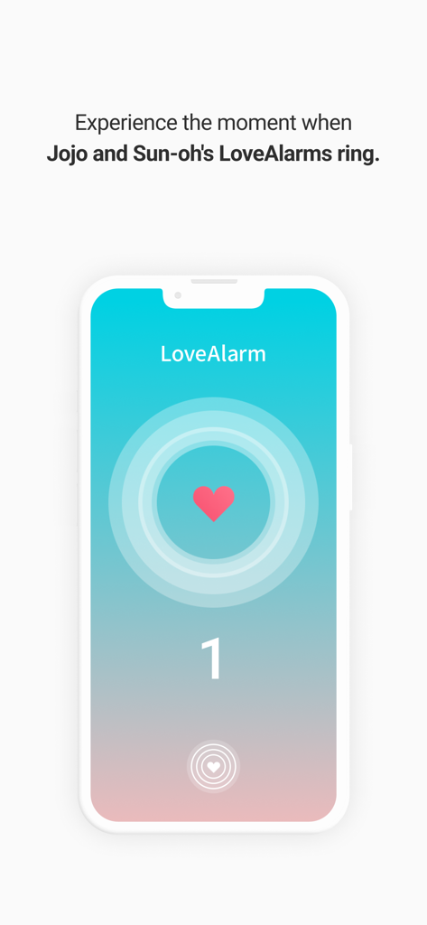 LoveAlarm app interface displaying a pink heart notification icon with a number one indicator on a gradient background