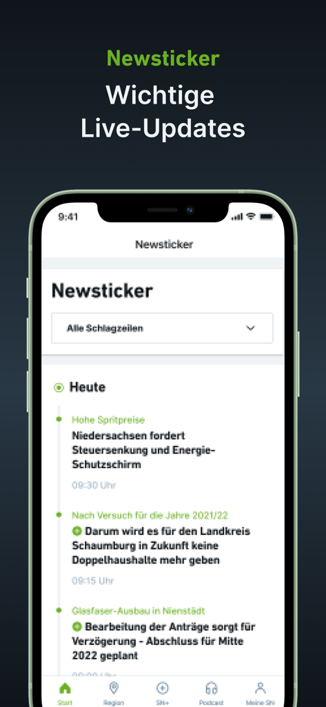 SN-Nachrichten-App-Oberfläche, die die Live-Newsticker-Funktion mit lokalen Schlagzeilen anzeigt