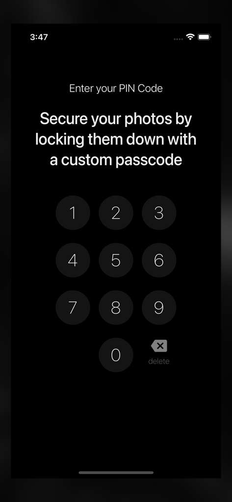 Photos+ Cloud Library - A numeric keypad interface for entering a custom PIN code to secure photos in the app.