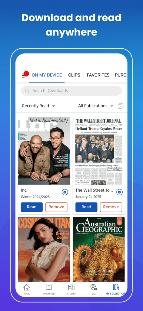 Interface of Magzter app displaying a collection of downloaded magazines and newspapers for offline reading.