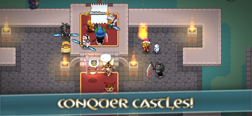 Avalonia Online RPG - 2D pixel art characters gathered inside a stone castle with the text Conquer Castles