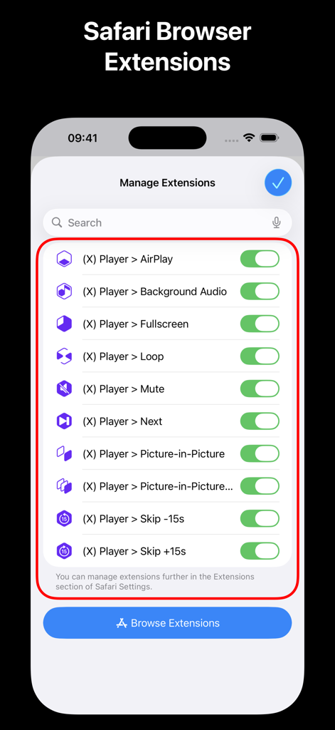 X.app - A menu in X.app showing various Safari browser extensions like Picture-in-Picture and Background Audio with toggle switches
