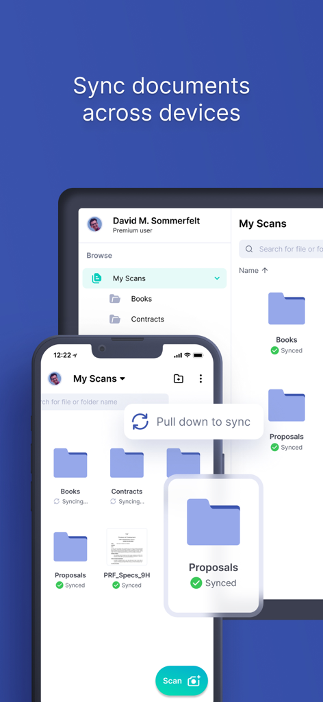 Easy Scanner Camera to PDF - Un smartphone y una tablet mostrando la interfaz de la aplicación Easy Scanner con carpetas de documentos sincronizadas en ambos dispositivos.