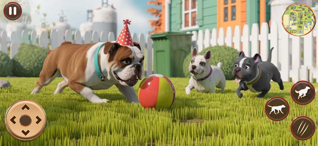 Dog Life Simulator: Dog Games - Three bulldogs playing with a colorful beach ball in a grassy backyard in the Dog Life Simulator game