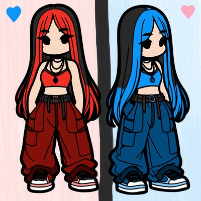 girl in baggy pants crop top and long hair