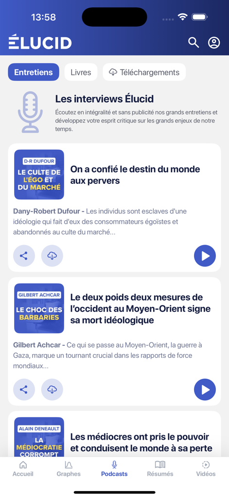 Une liste d'interviews podcast sur l'application mobile Elucid.