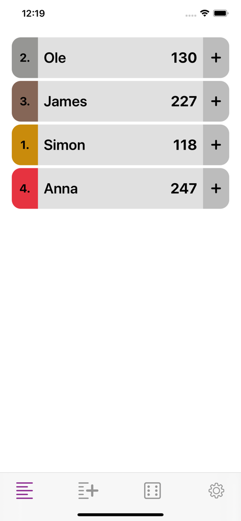 Games Block - Interface du tableau de scores de l'application Block de Jeux affichant les classements des joueurs et les totaux des points.
