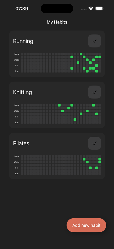Screenshot of Habit Tracker Pro app displaying a list of tracked habits with green activity grids