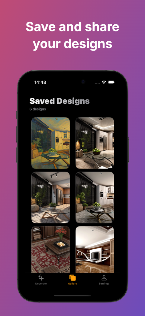 Ai Decorator - Design Snap - Smartphone screen showing a gallery of saved AI interior design transformations in the Design Snap app