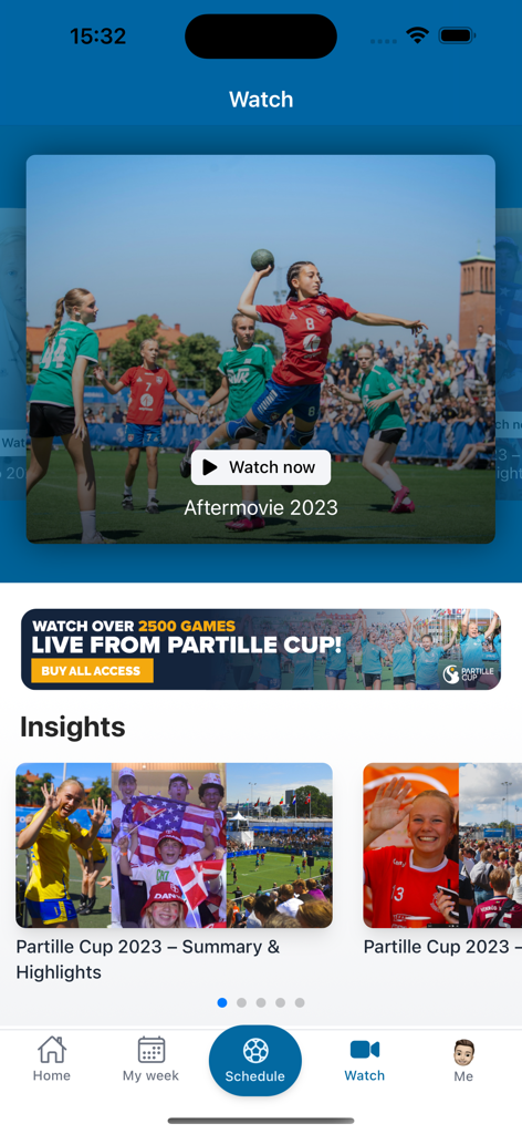 Partille Cup - Partille Cup mobile app watch screen featuring tournament highlights and live game stream access.