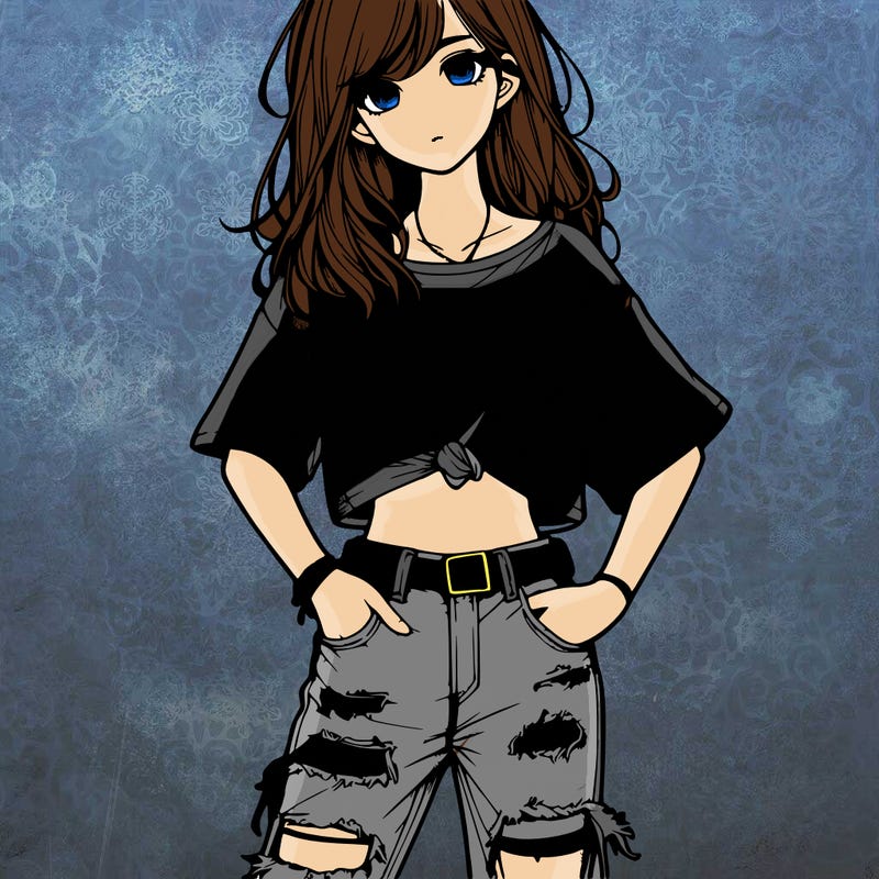 a girl with ripped jeans a t-shirt realistic
