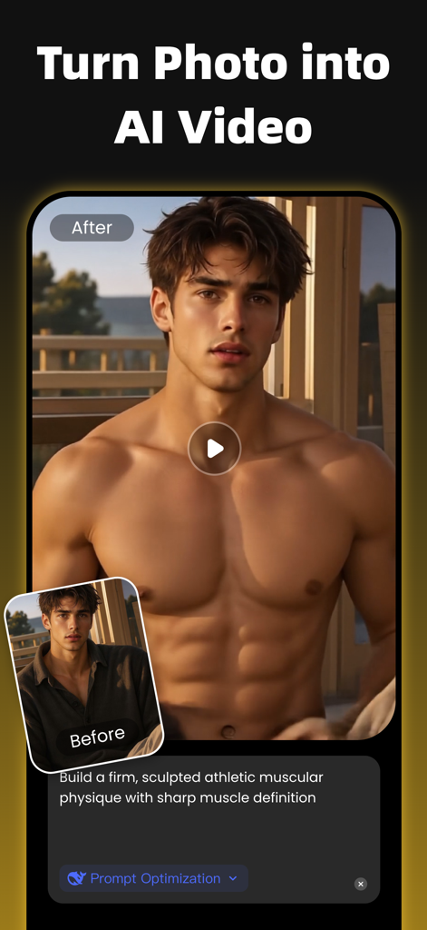 App interface showing AI Photo Generator PixDream transforming a portrait into a muscular video sequence