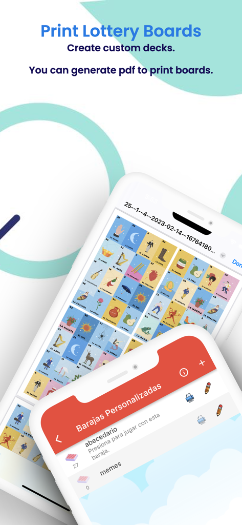 Baraja de Lotería Mexicana - Interface of Baraja de Lotería Mexicana showing options to create and print custom lottery boards