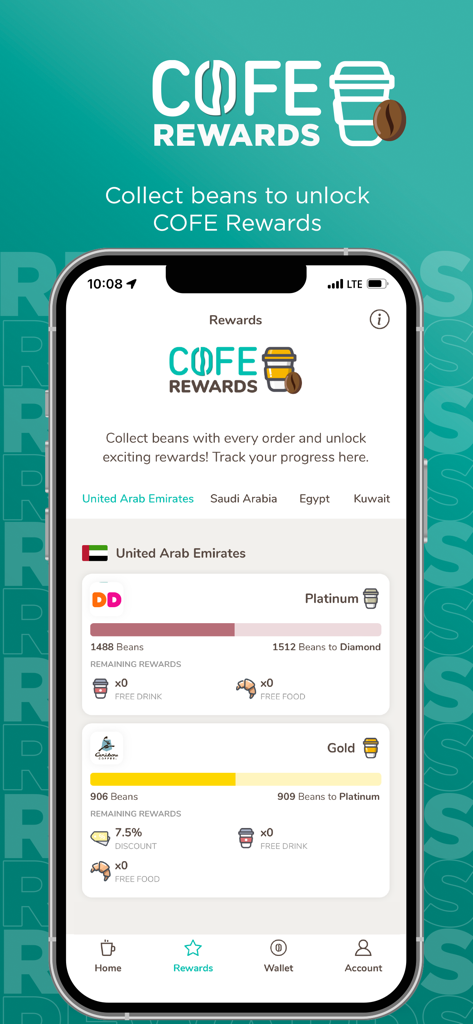 Pantalla de recompensas de la aplicación móvil COFE que muestra el progreso de la recolección de granos de café y los niveles de lealtad