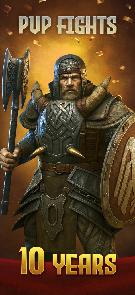 A Viking warrior in full battle armor holding an axe and shield celebrating 10 years of PVP fights