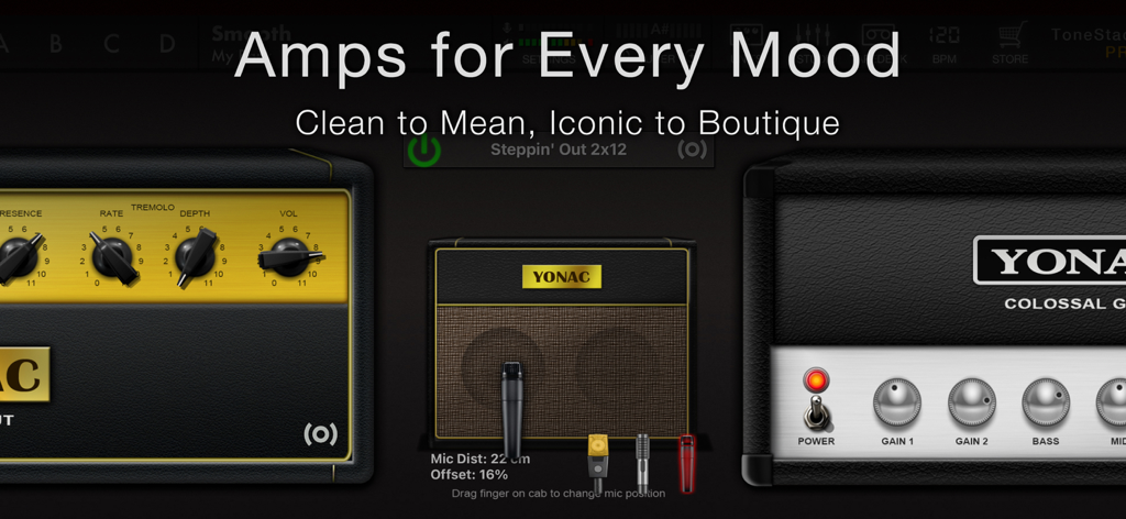 ToneStack PRO Guitar Amps & FX - Una selección de varios amplificadores de guitarra virtuales y configuraciones de micrófono de cabina en la aplicación ToneStack PRO.