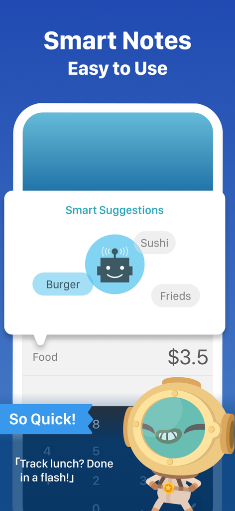 Fortune City app interface showing smart suggestions for food expenses like burger and sushi with a cute character mascot.