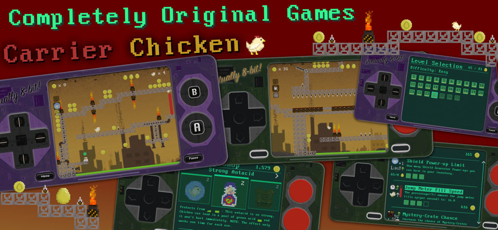 Virtually 8-bit! Game Console - Multiple screenshots showing gameplay of Carrier Chicken on a retro 8-bit style virtual handheld console