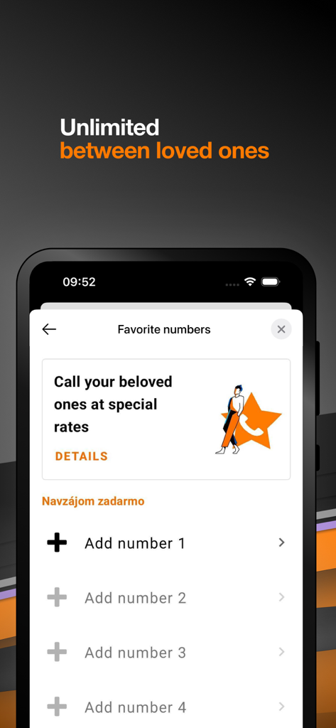 Moj Orange app screen showing favorite numbers setup for free calling group
