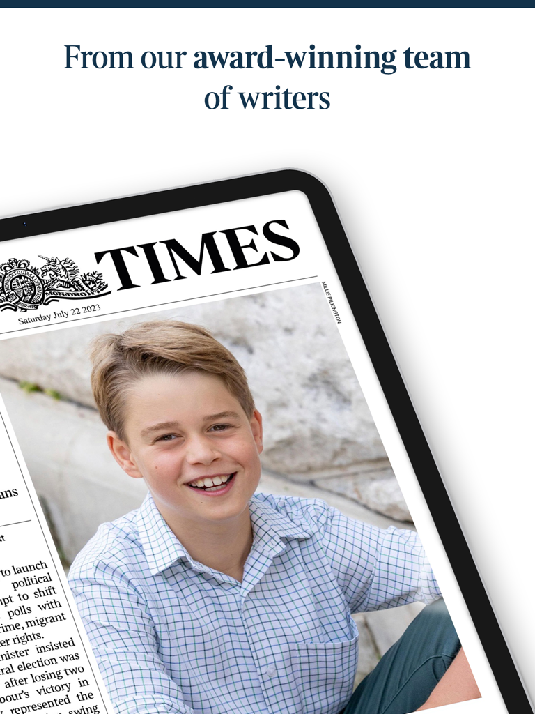 Un iPad que muestra la portada del periódico The Times of London con una foto destacada y un titular sobre escritores galardonados