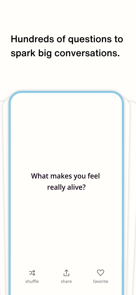 Ein Screenshot der Big Talk App, der eine Gesprächsstart-Karte mit der Frage 'Was lässt dich wirklich lebendig fühlen?' anzeigt.