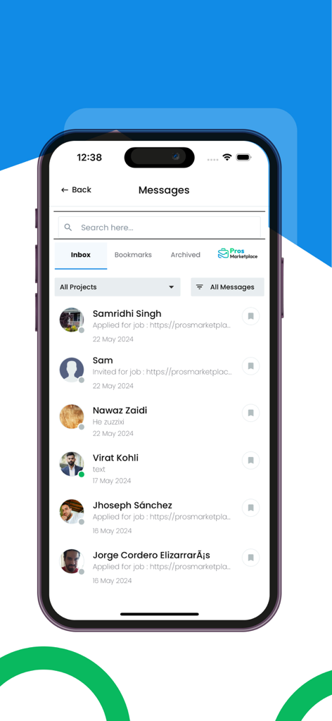 Pros Marketplace - Pantalla de mensajería dentro de la aplicación de Pros Marketplace que muestra una bandeja de entrada con solicitudes de empleo de candidatos e historial de conversaciones.