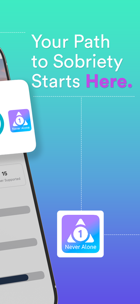 Sober SideKick: Quit Addiction - Sober Sidekick app screen with text Your Path to Sobriety Starts Here and a Never Alone badge