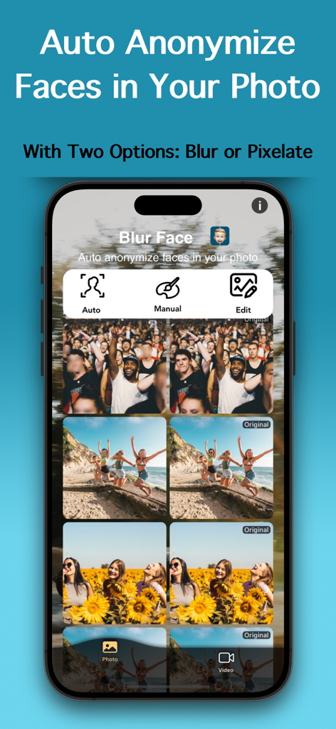 Auto Blur Faces: Photo & Video - Interfaz de la aplicación de iPhone que demuestra la anonimización automática de rostros en fotos con efectos de desenfoque y pixelado.