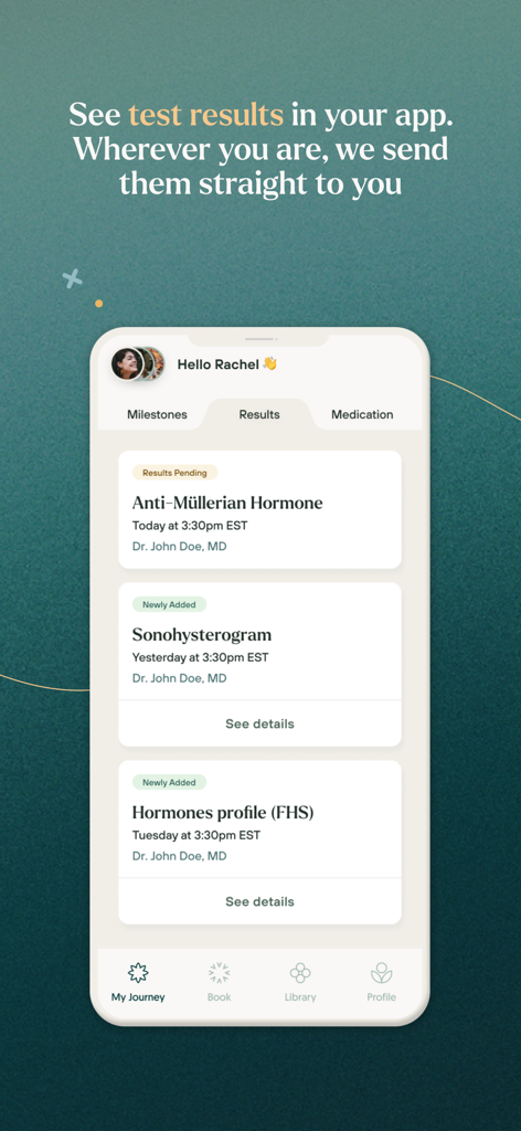 Una interfaz móvil de la app Pollin mostrando resultados de pruebas de fertilidad como perfiles hormonales y sonohisterograma