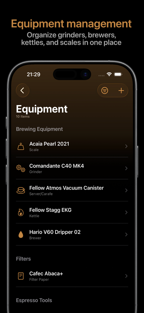 Beanstats equipment management screen listing coffee grinders scales and brewing tools.