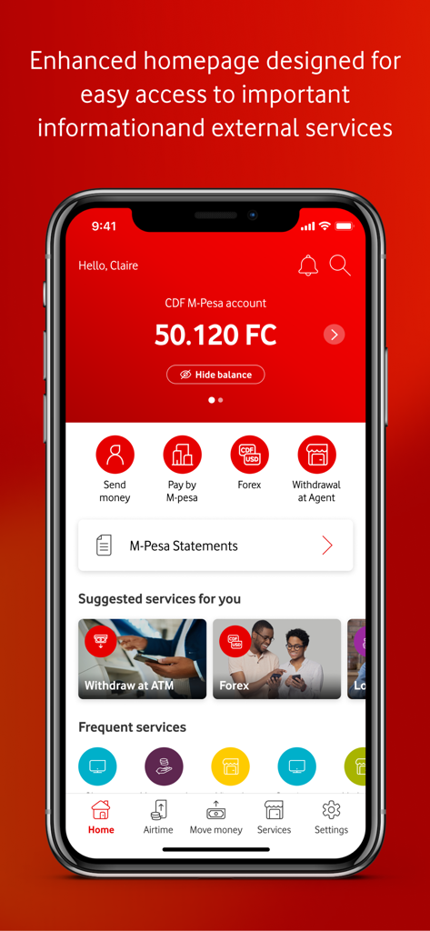 M-Pesa DRC - M-Pesa DRC mobile app homepage showing account balance and financial services