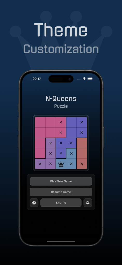 N-Queens Puzzle - N-Queens Puzzle app interface showing a colorful game board and theme customization options
