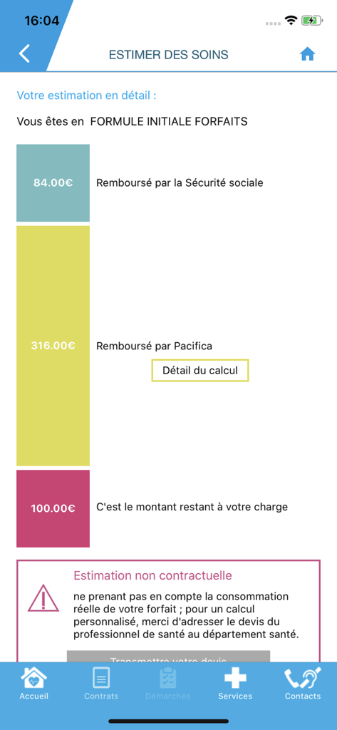 Mes Assurances - Health care cost estimation screen in the Mes Assurances app showing reimbursement breakdowns