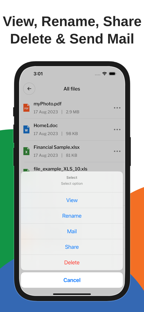 All Document Reader PDF Reader - All Document Reader app interface showing a list of files with a menu to view rename mail share or delete documents