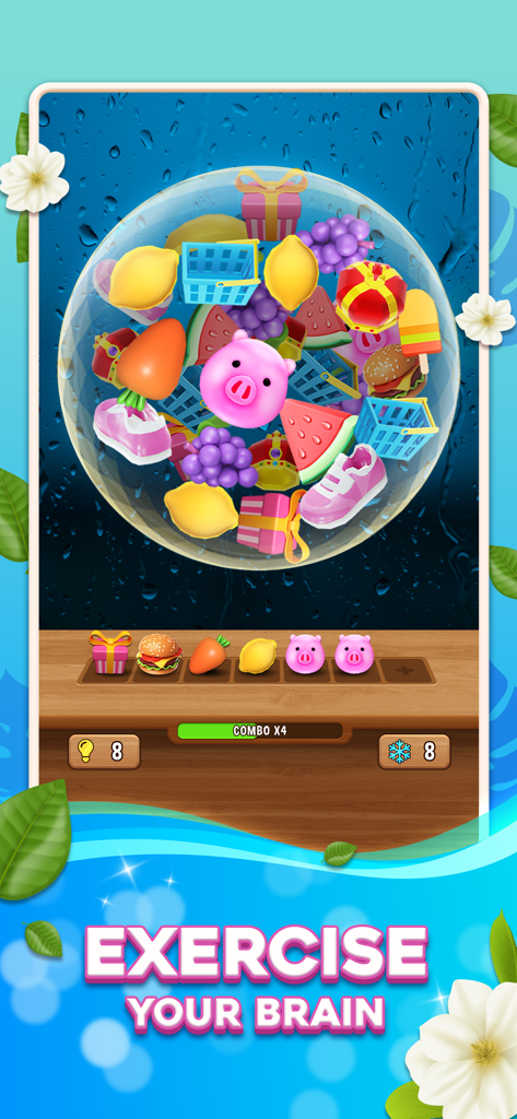 Jugabilidad de Match Triple Ball mostrando objetos 3D en una burbuja para ejercitar el cerebro.