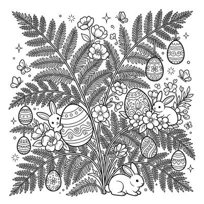 Dive into the festive spirit of Easter with this delightful coloring page featuring an elegant asparagus fern. Adorned with charming bunnies, intricately patterned eggs, and delicate spring blossoms, it's perfect for a relaxing creative session.